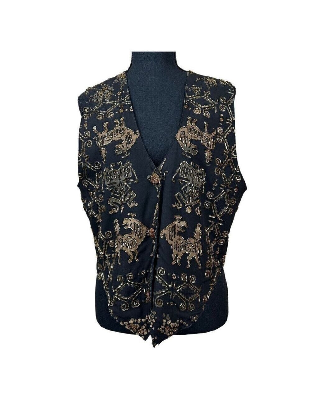 Red's Threads Vintage Black Gold-Beaded Art To Wear Rayon Vest Size S/M